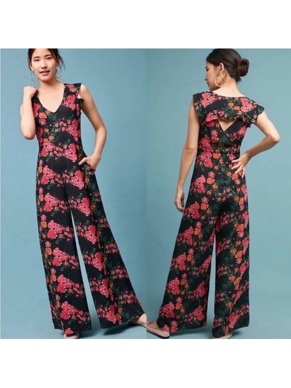 Tracy Reese Black with Pink & Orange Floral Print Jumpsuit